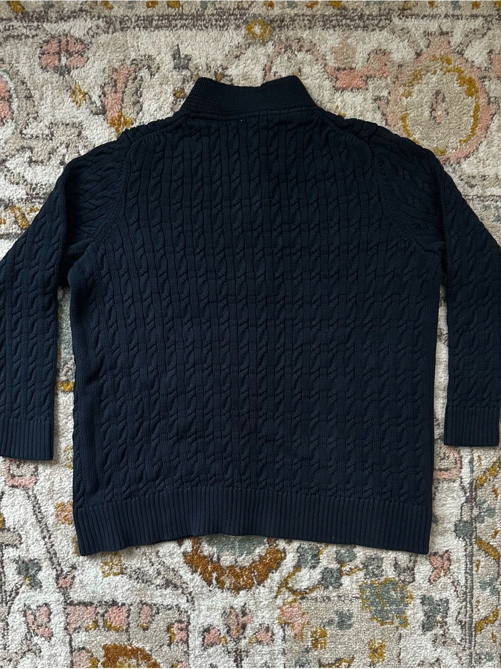 LL Bean Double L Cable Knit Sweater Womens Fits L to XL Navy Button Cardigan - Picture 2 of 7